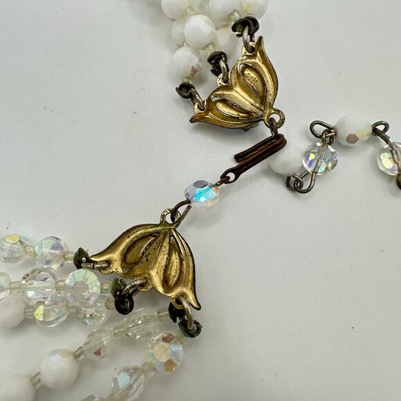 1950s vintage aurora borealis clear milk glass 5 multi strand beaded necklace - Picture 9 of 9